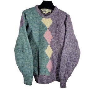 VTG 80s Intarsia Argyle Knit Sweater Wool Pastel Colorblock Golf Caddy Granny
